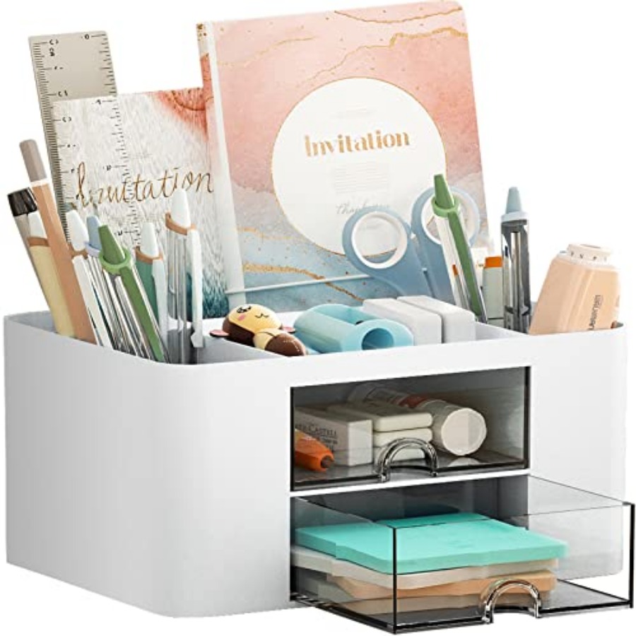 Desktop Organizer Bamboo - Pen Organizer with 2 Drawer, Multi-Functional