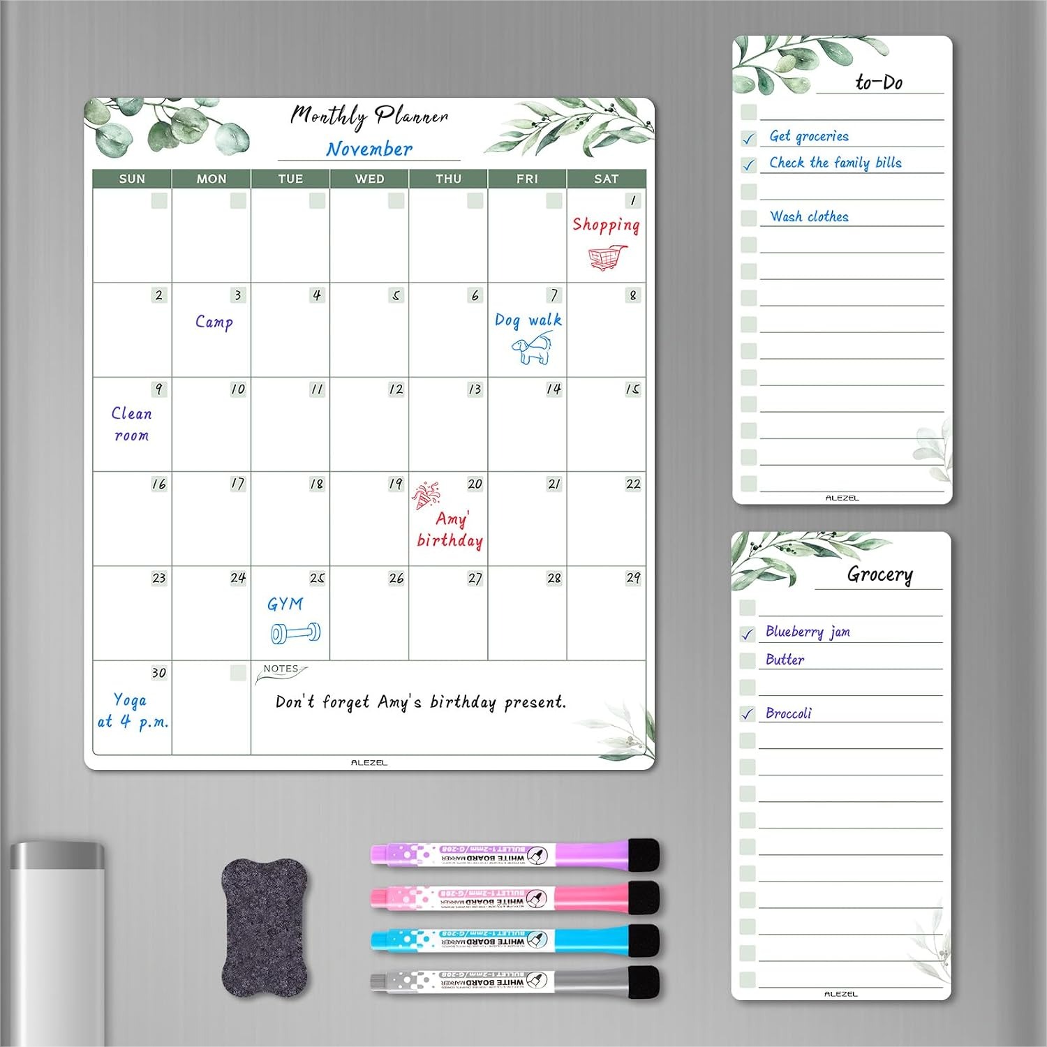Magnetic Calendar Board - Dry Erase Calendar for Refrigerator, Greenery